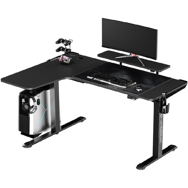 E-shop ULTRADESK Herný stôl WINGER - čierny, 111x155x60 cm, 75-122 cm, elektricky nastaviteľná výška, RGB p