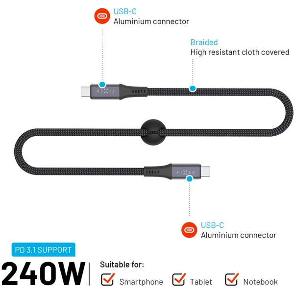FIXED Multimediálny kábel USB-C napájací a dátový kábel 4K/60Hz, 20Gbps, 240W, 1,2m sivý - Káble a redukcie - Obrázok 930ce3cbc2c346748673174388467123