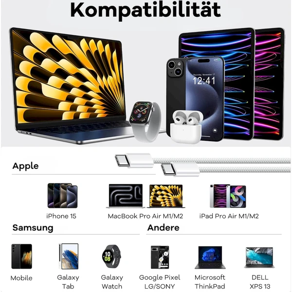 Cubenest zapletený USB-C/USB-C napájací kábel 60W 1m farebné 4ks - Káble a redukcie - Obrázok CSD5000O01
