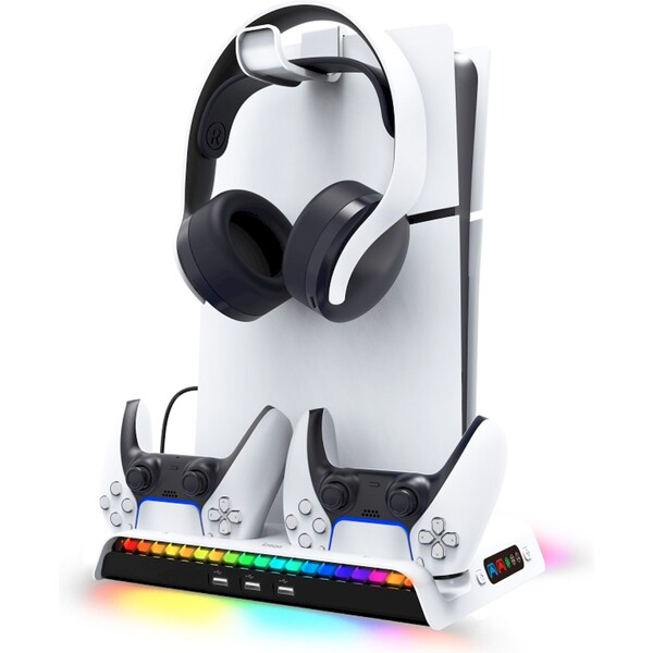 E-shop iPega P5S006 Multifunkčný Nabíjací RGB Stojan s Chladením pre PS5 Slim biely