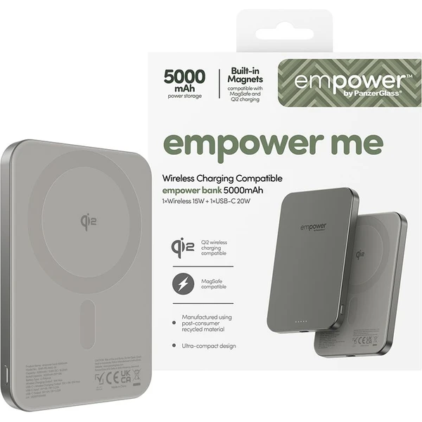 PanzerGlass® empower bezdrôtová Qi2 powerbanka 5000 mAh, MagSafe, sivá - Powerbanky - Obrázok M83J000K01