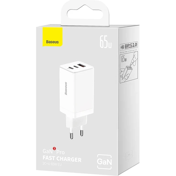 Baseus GaN5 Pre rýchlonabíjačka 65W 2x USB-C, 1x USB biela - Nabíjačky - Obrázok RFGE000L01